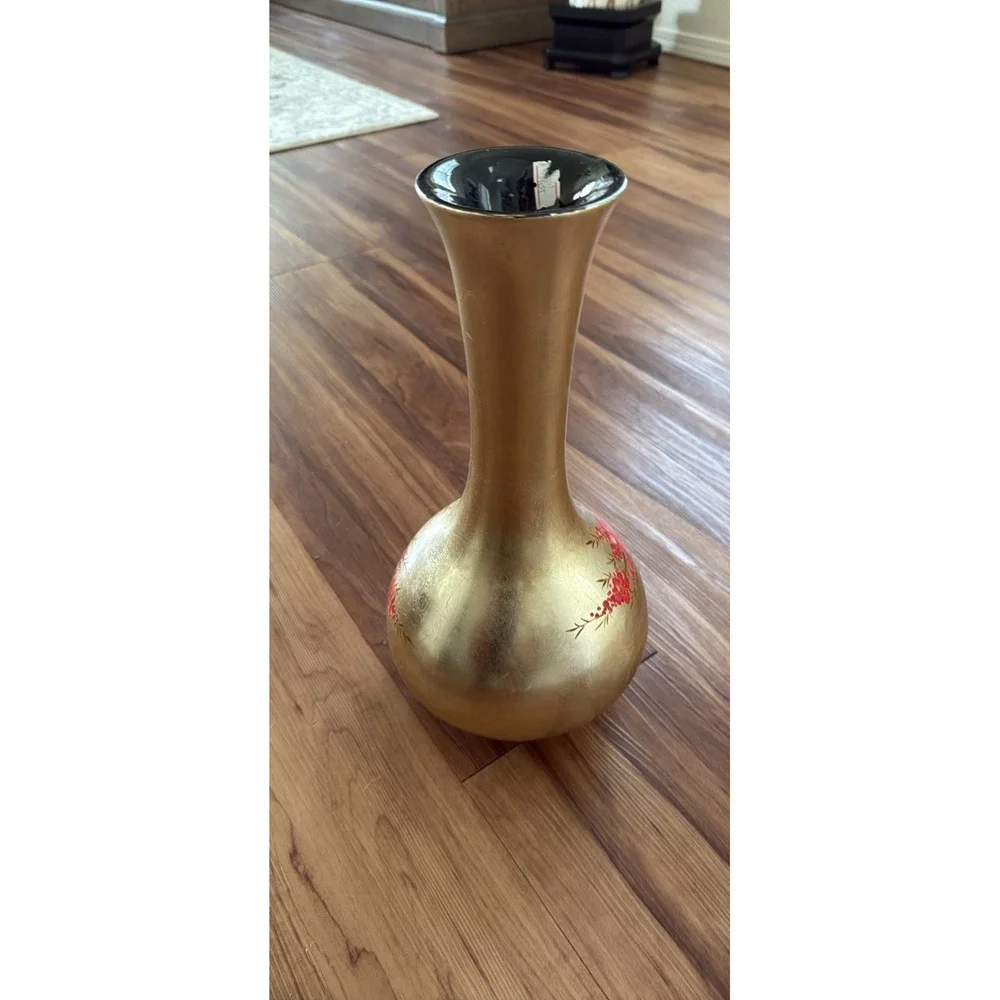 Gold Vase with‎ Red Floral Design Home Decor Accent Table Centerpiece